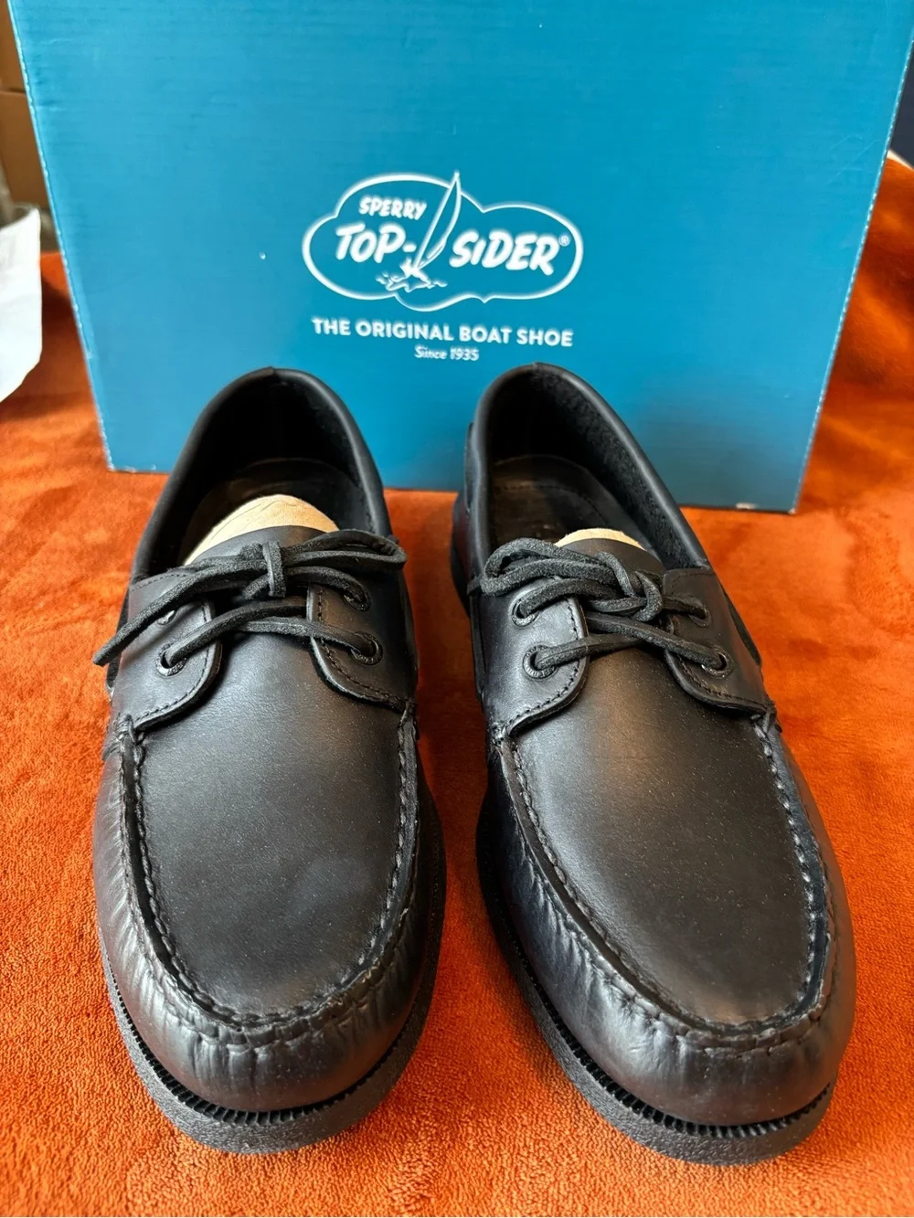 Sperry Men’s Black Leather Moc-Toe Boat Shoes